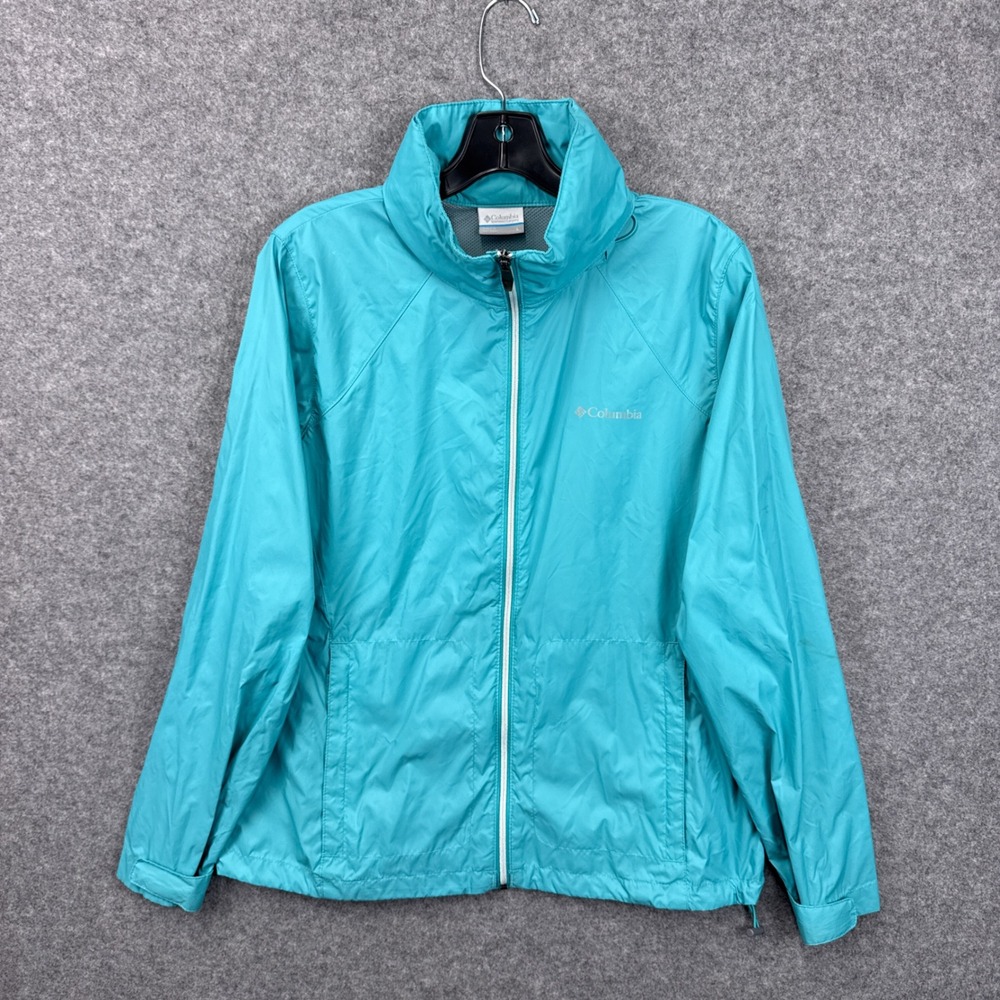 Columbia Windbreaker Jacket Size L Turquoise Blue Nylon Full Zip Mesh Lined